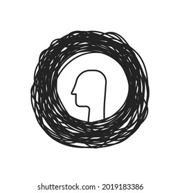 mind of person in mess like hard depression. flat linear style trend modern sorrow or tension logotype graphic art design isolated on white. concept of psychiatry or psychology symbol and panic attack