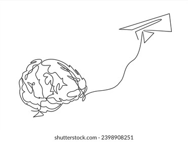 Esbozo de mente y plano, idea en cabeza cerebral de humano, movimiento para apuntar en avión, dibujo continuo de una sola línea. Avión de papel volando. Pensamiento de poder, negocios de inicio, éxito. Vector