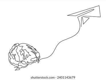 Esbozo de mente y plano, idea en cabeza cerebral de humano, movimiento para apuntar en avión, dibujo continuo de una sola línea. Avión de papel volando. Alimentación 