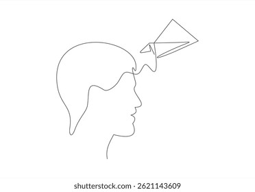 Mind and plane outline, idea in brain head of human, motion to target on airplane, continuous single one line drawing. Paper plane flying up. Power think, startup business, success. Vector 