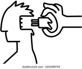 Mind plugin cartoon line drawing, vector, horizontal, over white
