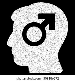 Mind Potency grainy textured icon for overlay watermark stamps. Flat symbol with dust texture. Dotted vector white ink rubber seal stamp with grunge design on a black background.