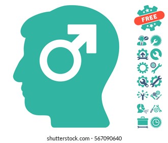Mind Potency icon with bonus configuration design elements. Vector illustration style is flat iconic cobalt and cyan symbols on white background.