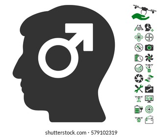 Mind Potency icon with bonus uav tools design elements. Vector illustration style is flat iconic green and gray symbols on white background.