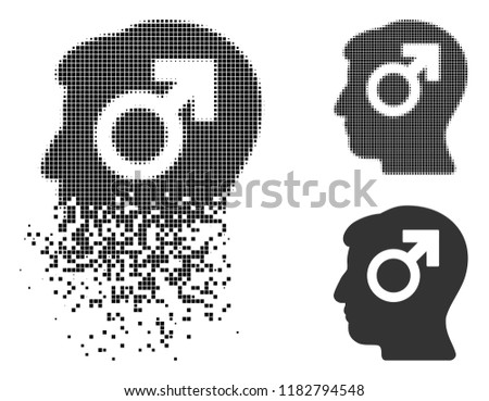 Mind potency icon in dispersed, dotted halftone and undamaged versions. Pixels are composed into vector dispersed mind potency pictogram. Disintegration effect uses rectangular dots.