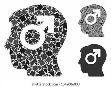 Mente mosaico de potencia de piezas raspadas en diferentes tamaños y tintes de color, basado en el icono de potencia de la mente. Los puntos de corte vectorial se combinan en mosaico. Collage de iconos de potencia mental con patrón punteado.