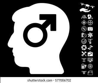 Mind Potency pictograph with bonus flying drone service pictures. Vector illustration style is flat iconic white symbols on black background.