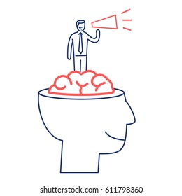 Mind power. Vector business illustration of businessman inside brain with megaphone | modern flat design linear concept icon and infographic red and blue on white background