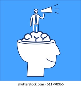 Mind power. Vector business illustration of businessman inside brain with megaphone | modern flat design linear concept icon and infographic on blue background