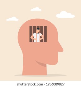 Mind prison. Businessman in human head being in jail, lack of creativity, restrictions on the freedom of thought. Vector illustration.