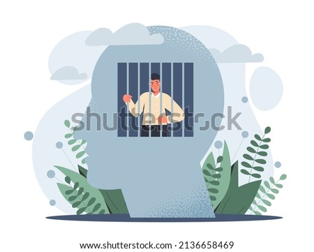 Mind prison concept. Man in silhouette of head behind bars. Sad guy, depression and internal problems. Sadness, sorrow and frustration. Melancholy and frustration. Cartoon flat vector illustration