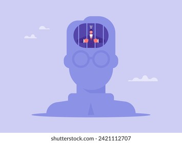 Mind prison, melancholy and frustration concept, businessman in silhouette of head behind bars, sad, depression and internal problems