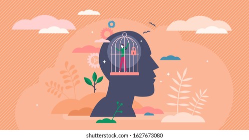 Mind prison psychological concept, flat tiny person vector illustration. Head silhouette with personal mental trap as closed cage. Personal growth issue and distorted world view. Stuck in comfort zone