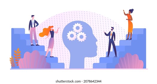 Mind process concept. Characters stand against background of silhouette of head. Cognitive processes, thinking, creativity. Exploring our brains, research, science. Cartoon flat vector illustration