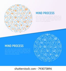 Mind process concept in circle with thin line icons set: intelligence,  passion, conflict, innovation, time management, exploration, education, logical thinking. Vector illustration, web page template