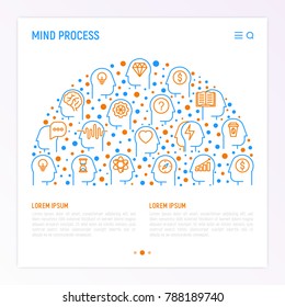 Mind process concept in half circle with thin line icons set: intelligence,  passion, conflict, innovation, time management, exploration, education. Modern vector illustration for web page template.