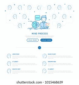 Mind process concept with thin line icons: intelligence, passion, conflict, innovation, time management, exploration, education, logical thinking. Modern vector illustration, web page template.