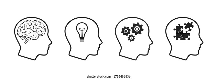 mind process icon set. creative think, intelligence, brainstorming, mental work, brain thinking, emotions, creative process and business solutions symbol. web design and infographic elements