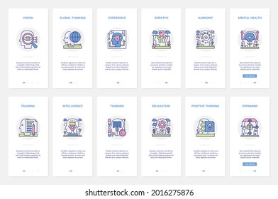 Mind process, mental health, education vector illustration. UX, UI onboarding mobile app page screen set with line relaxation, training intelligence, empathy harmony, openmind and global vision