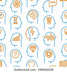 Mind process seamless pattern with thin line icons: intelligence, passion, conflict, innovation, time management, exploration, education, logical thinking. Modern vector illustration.