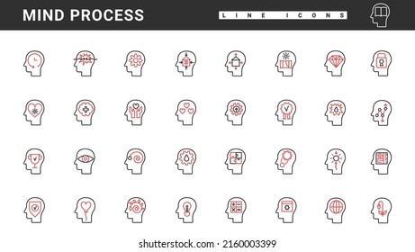 Mind processes in brain thin red and black line icons set vector illustration. Abstract symbols of imagination, self education and development of intellectual skills, empathy inside human head