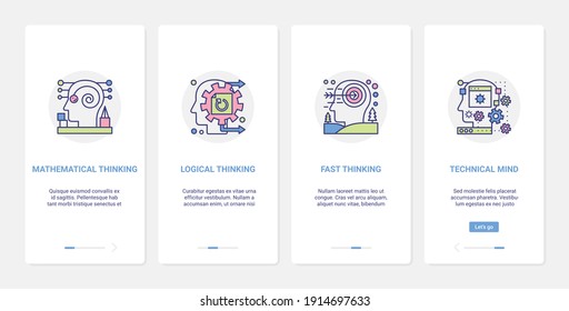 Mind processes logic vector illustration. UX, UI onboarding mobile app page screen set of abstract line human head processing in fast mathematical logical thinking, technical intelligence symbols