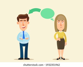 Mind Reading. The Man Reads The Woman's Mind. Concept Of Telepathy. Read Between The Lines. Vector Illustration. Flat Design, Cartoon Style, Isolated Background.