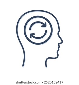 Mind renewal. Human head with rotating arrows inside. Represents mental renewal, growth, and continuous learning.