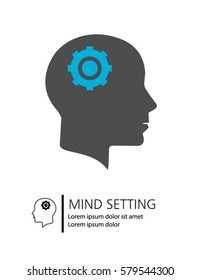 Mind Setting. Head Gear Rotation vector pictograph. Style is flat graphic symbol, blue and black color, white background.