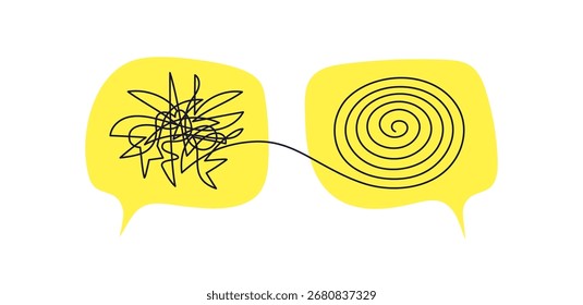Mind-Zeichen. Zwei Sprechblasen mit Linienritzen. Verwirrende und entwirrende Konversation. Kunstpsychotherapiekonzept, Mentor, Brainstorming, Problemlösung. Bearbeitbarer Strich