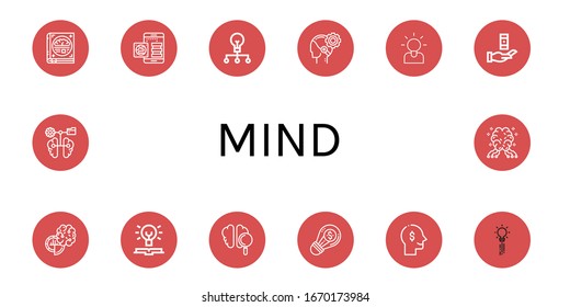 mind simple icons set. Contains such icons as Psychology, Knowledge, Creative, AI, Brainstorming, Brain, Thinking, Creativity, can be used for web, mobile and logo