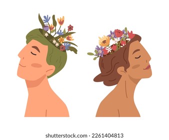 Mind soundness and mental health care, isolated people with flowers blooming on head. Nurturing positive emotions and mindfulness awareness. Vector in flat style