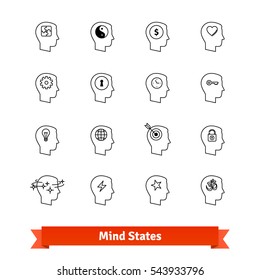 Mind states thin line art icons set. People avatars with various emotions, mental attitudes, moods for web, mobile application, user interface, social network. Linear style symbols isolated on white.