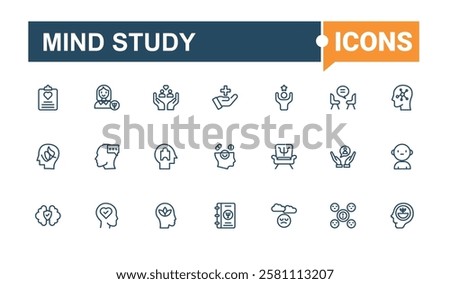 Mind Study icons set in linear style. Featuring emotion, support, anxiety, problem, brain, psychologist, health, behavior. Icons for UI. Solid line editable stroke. Vector line and solid icons.