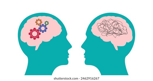 A mind tangled in thoughts, illustrated with gears in motion. Mental health and emotional wellness