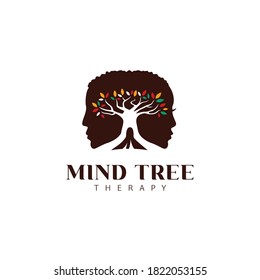 Mind tree therapy psychologist logo icon with male and female silhouette and big tree with colorful leaves