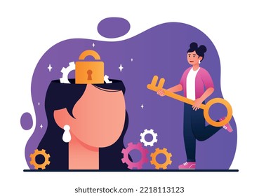 Mind unlock concept. Psychology and mental health. Metaphor of creative personality, idea and insight, brainstorming. Woman with key next to abstract head silhouette. Cartoon flat vector illustration