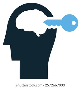 Mind Unlock Icon Vector, A creative representation of unlocking potential and ideas, featuring a brain with a key. Perfect for personal growth, psychology and innovation related designs.