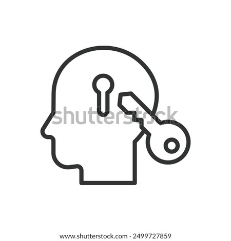 Mind unlock, in line design. Mind unlock, Brain, Unlocking, Creativity, Mental freedom, Idea, Innovation on white background vector. Mind unlock editable stroke icon.