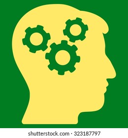 Mind vector icon. Style is flat symbol, yellow color, rounded angles, green background.