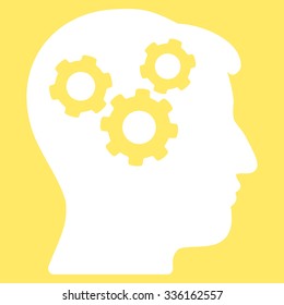 Mind vector icon. Style is flat symbol, white color, rounded angles, yellow background.