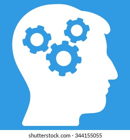 Mind vector icon. Style is flat symbol, white color, rounded angles, blue background.