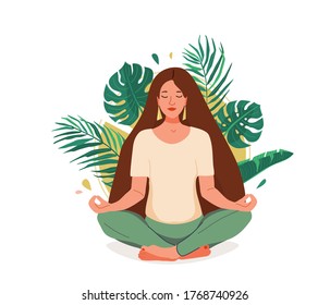 Mind wellness vector illustration. Young woman sitting in yoga lotus pose surrounded by tropical leaves and sun. Positive think creative concept.