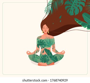 Mind wellness vector illustration. Young woman sitting in yoga lotus pose wearing leaves clothes. Very long hair with tropical plants. Positive think creative concept.