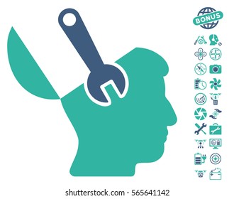Mind Wrench Surgery icon with bonus drone service symbols. Vector illustration style is flat iconic cobalt and cyan symbols on white background.