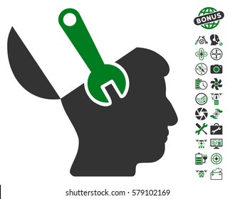 Mind Wrench Surgery icon with bonus nanocopter tools design elements. Vector illustration style is flat iconic green and gray symbols on white background.