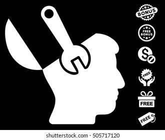 Mind Wrench Surgery icon with free bonus pictograph collection. Vector illustration style is flat iconic symbols, white color, black background.