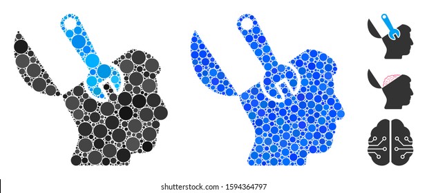 Mind wrench surgery mosaic of filled circles in different sizes and shades, based on mind wrench surgery icon. Vector filled circles are composed into blue illustration.