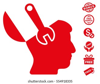 Mind Wrench Surgery pictograph with free bonus pictograms. Vector illustration style is flat iconic symbols, red color, white background.