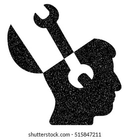 Mind Wrench Tools grainy textured icon for overlay watermark stamps. Flat symbol with unclean texture. Dotted vector black ink rubber seal stamp with grunge design on a white background.